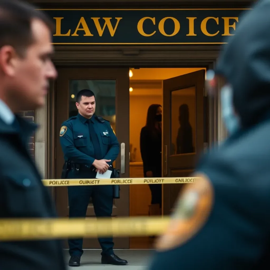 Police standoff at a law office with tense atmosphere