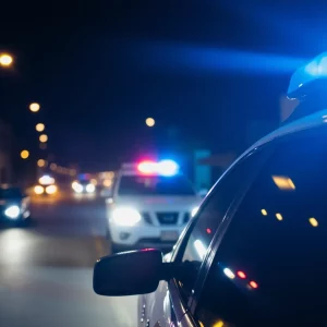 Police vehicle with flashing lights in urban area at night