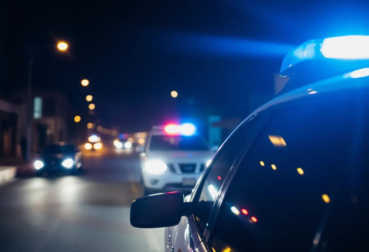 Police vehicle with flashing lights in urban area at night