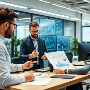 Data analysts discussing predictive analytics in a modern office.