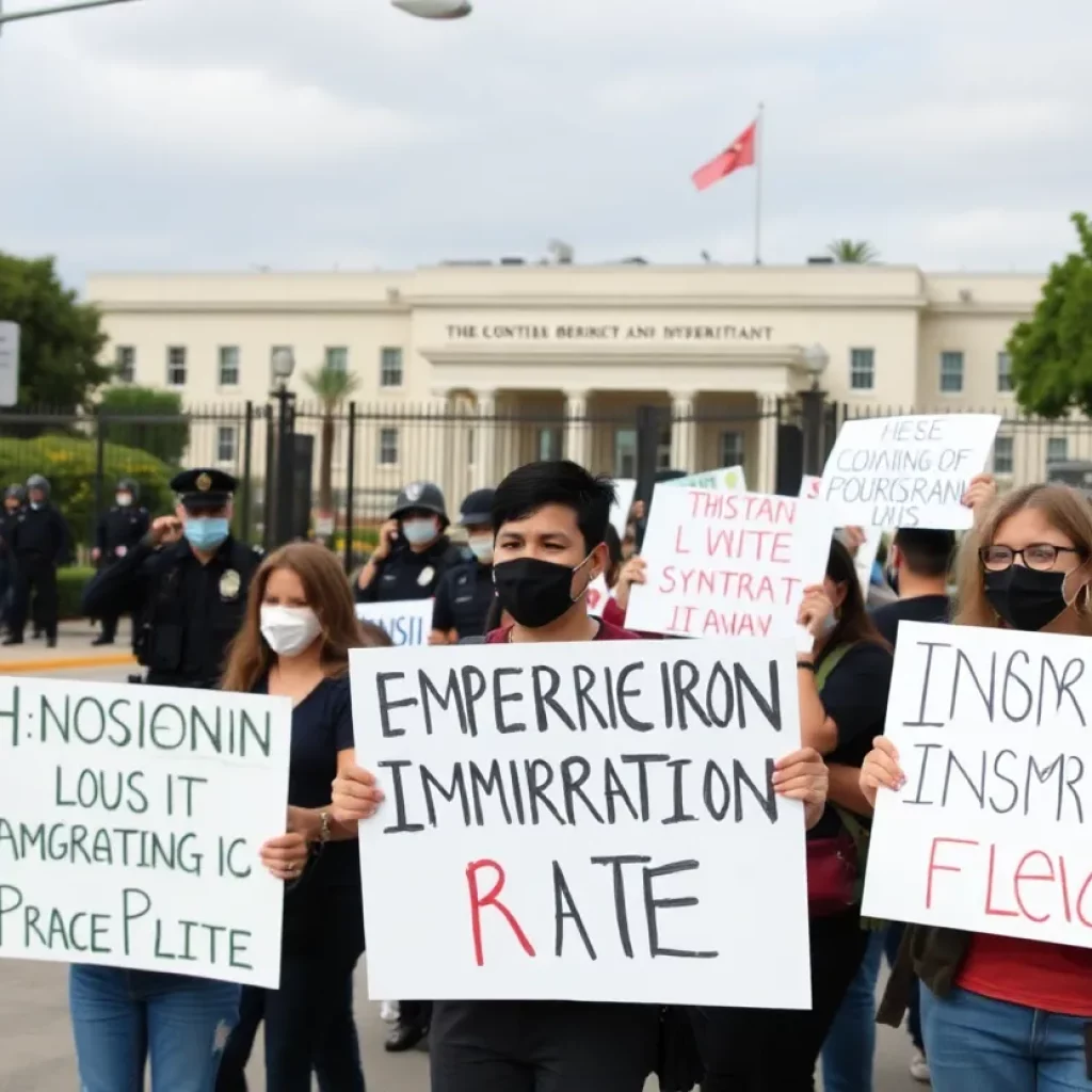 Demonstrators protesting against immigration policies outside a government building.