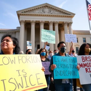 Demonstrators holding signs outside a courthouse advocating for immigration rights.