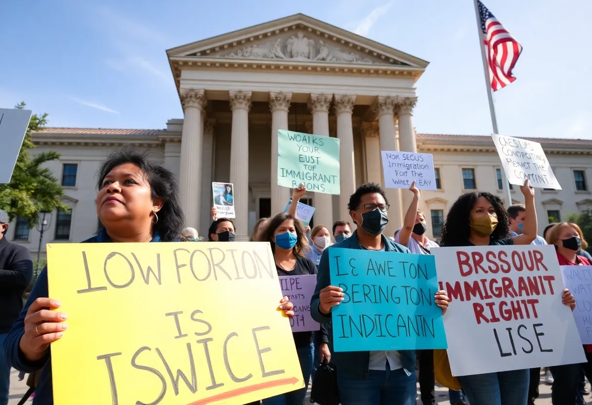 Demonstrators holding signs outside a courthouse advocating for immigration rights.