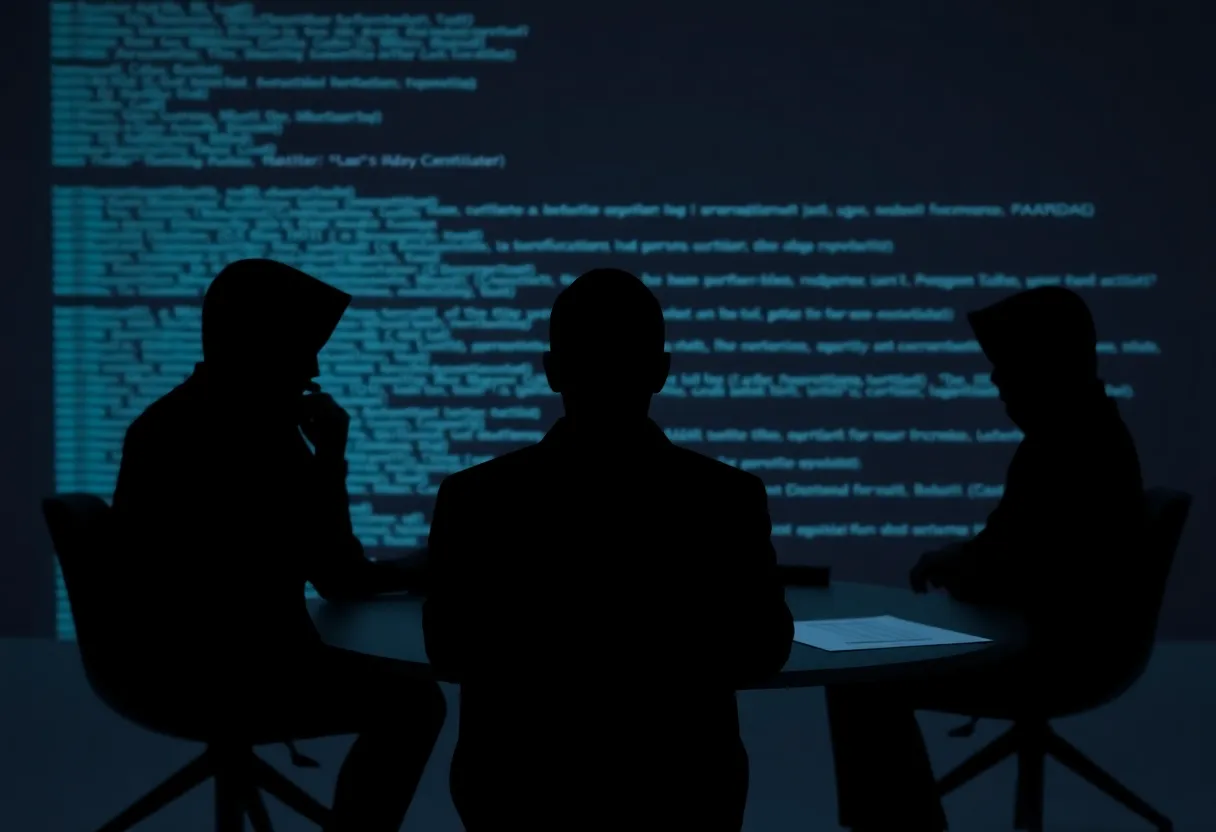 Visual depiction of a ransomware group strategizing negotiations with legal counsel.