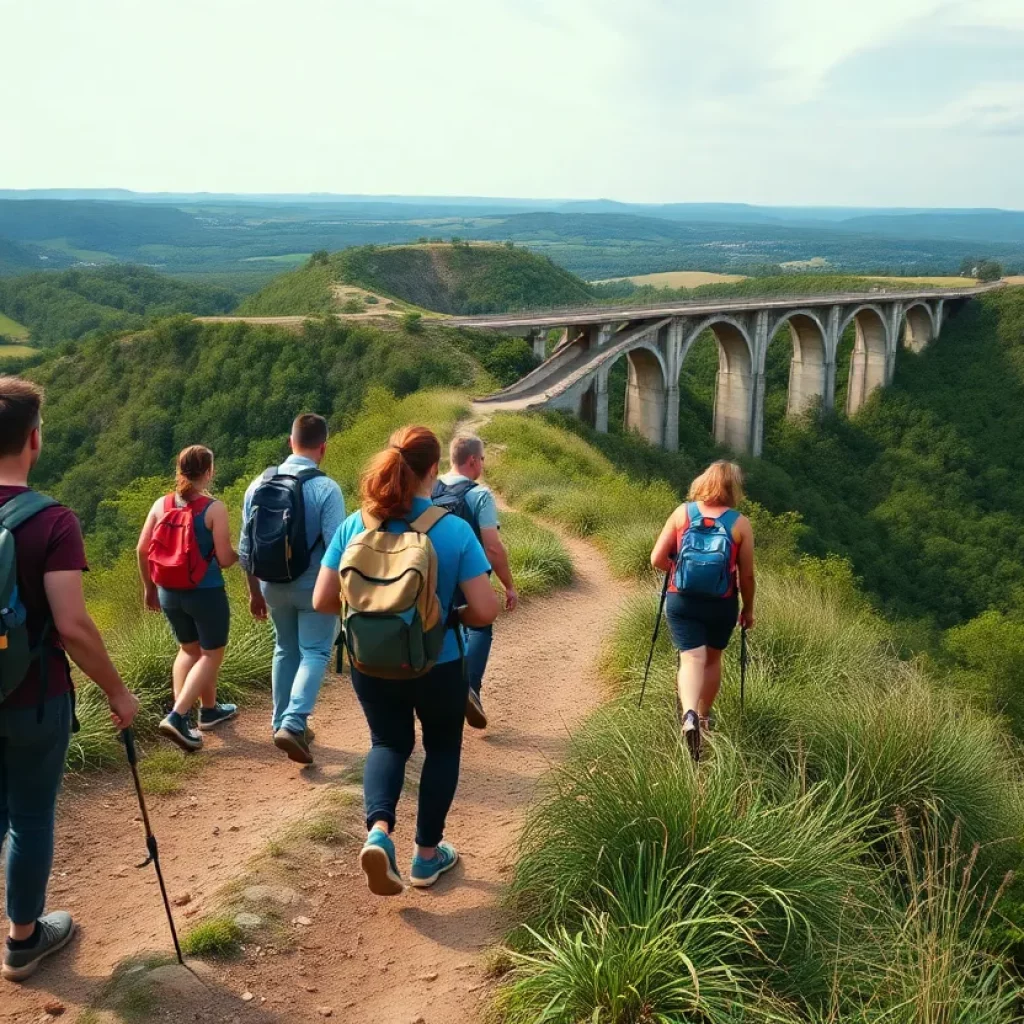 Participants hiking through scenic trails of Charleston with a view of the Ravenel Bridge