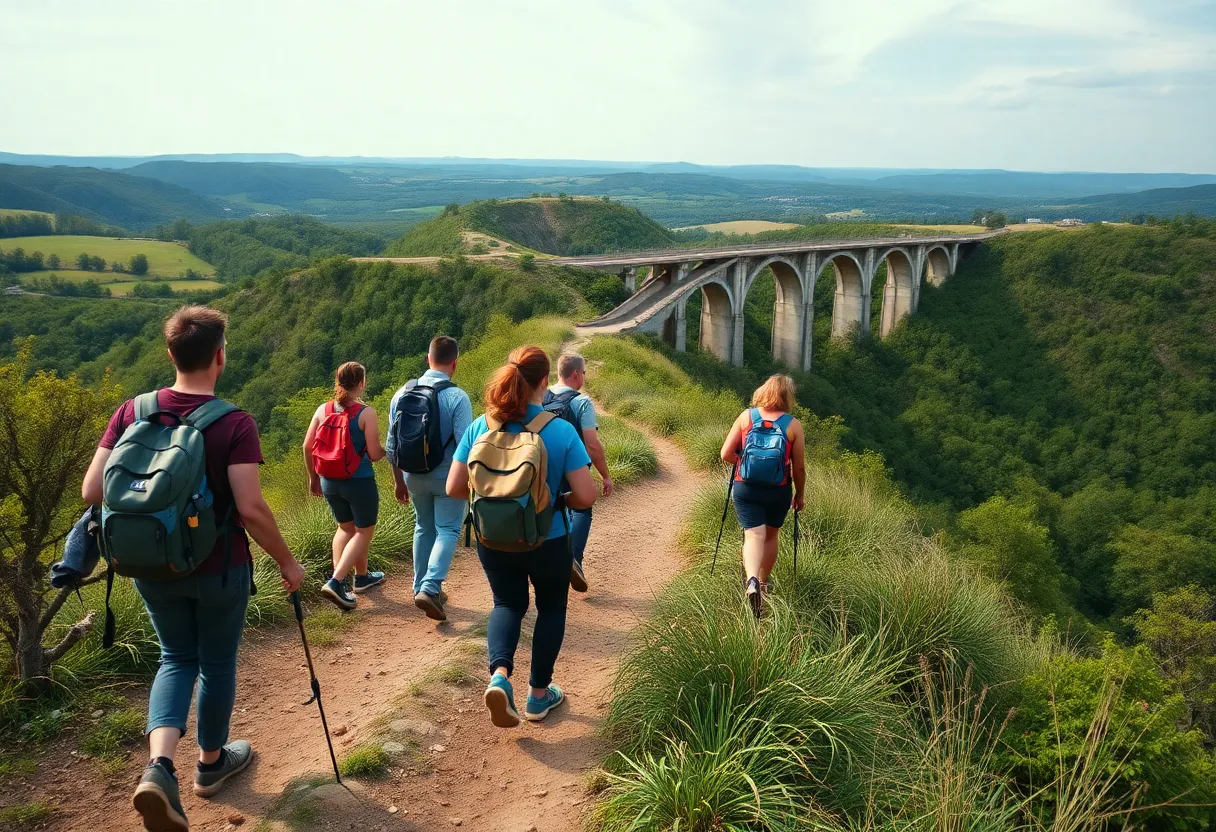 Participants hiking through scenic trails of Charleston with a view of the Ravenel Bridge