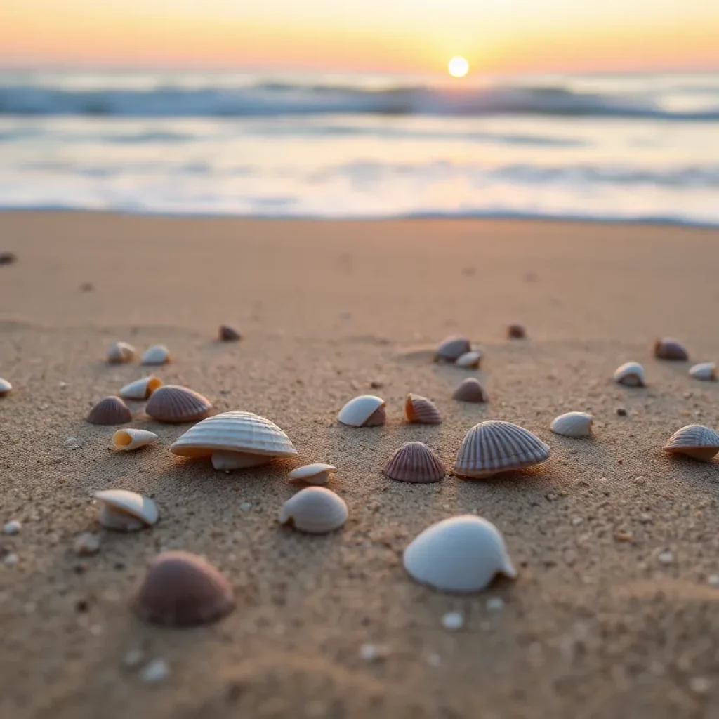 Various seashells on a sandy beach at sunrise