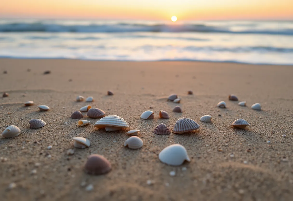 Various seashells on a sandy beach at sunrise