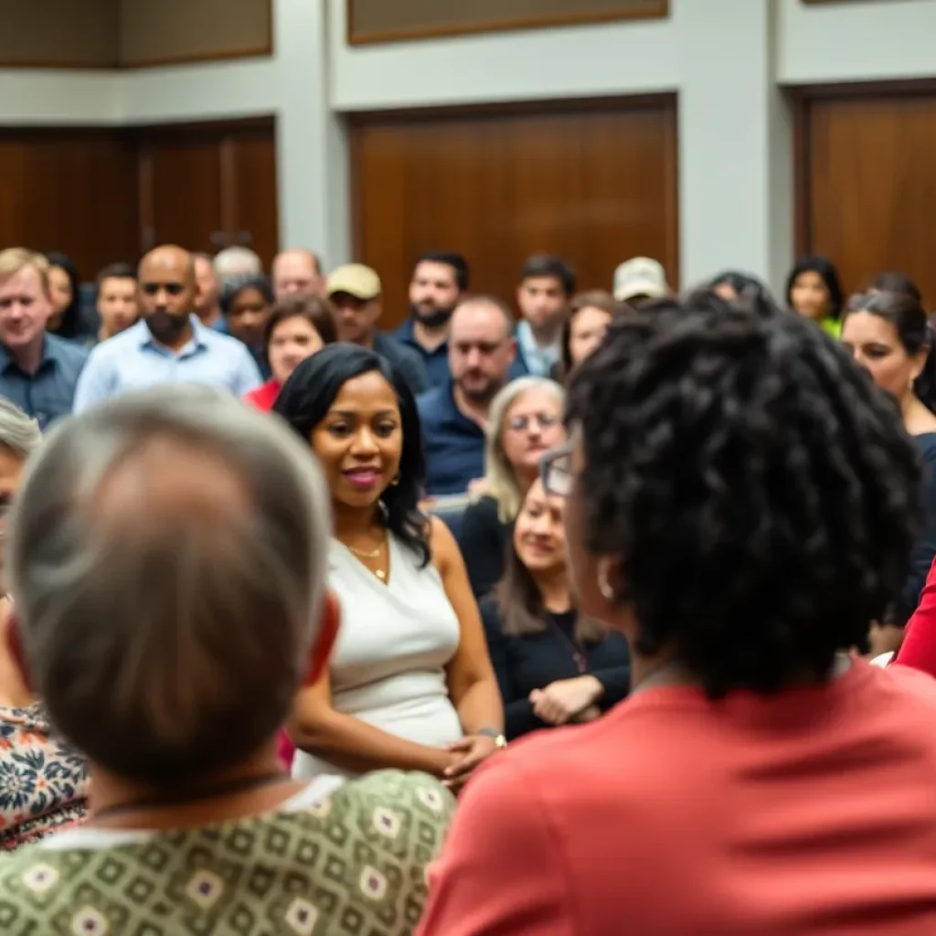 Community members engaged in a town hall meeting discussing constitutional concerns.