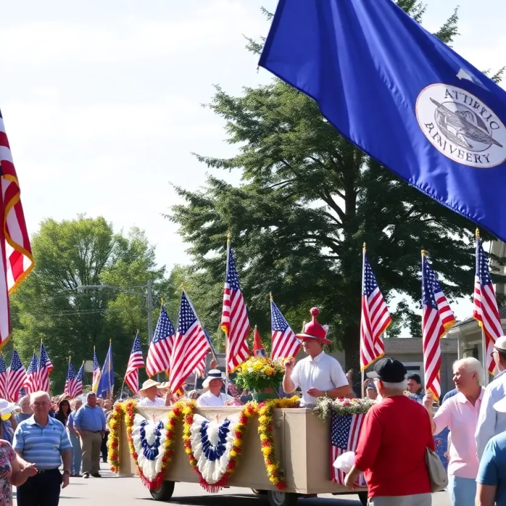 Community celebrating the anniversary of the Battle of Sullivan's Island with flags and parade.