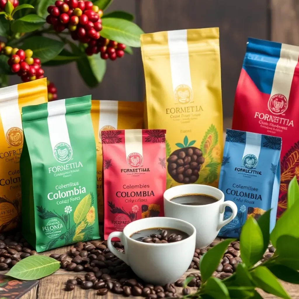 A display of Colombian coffee varieties in eco-friendly packaging.
