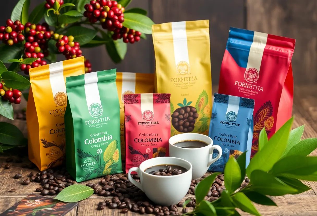 A display of Colombian coffee varieties in eco-friendly packaging.