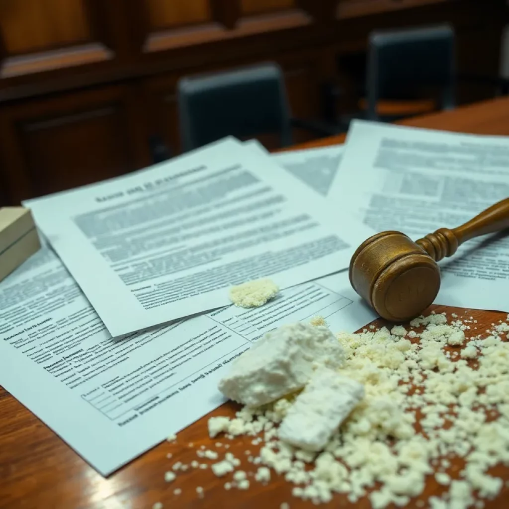 Courtroom setting with legal documents related to talc asbestos case