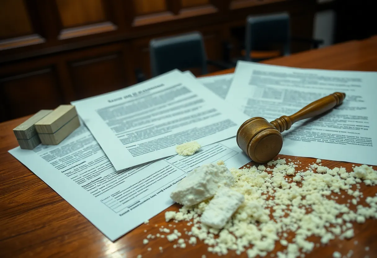 Courtroom setting with legal documents related to talc asbestos case