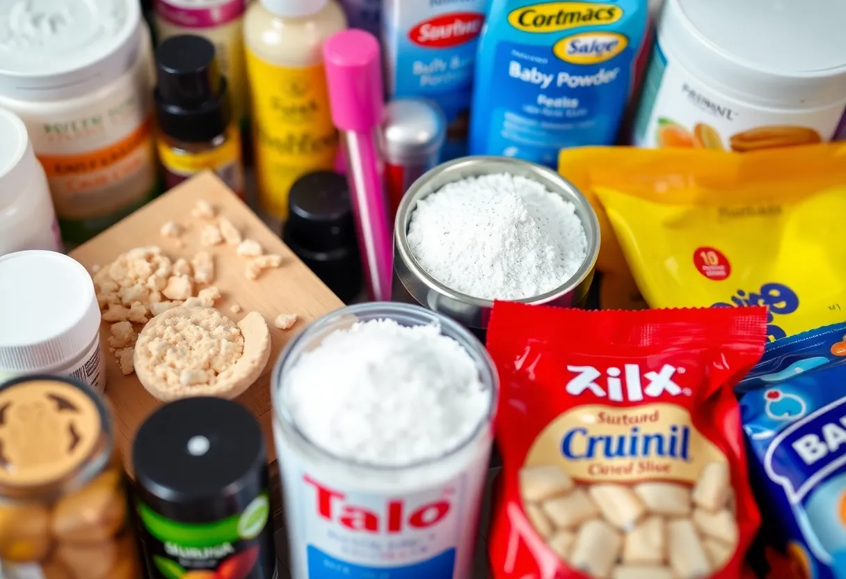 Various consumer products including cosmetics, baby powder, and food items that may contain talc.