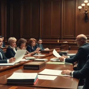 Jury deliberating in a courtroom regarding a talcum powder lawsuit case