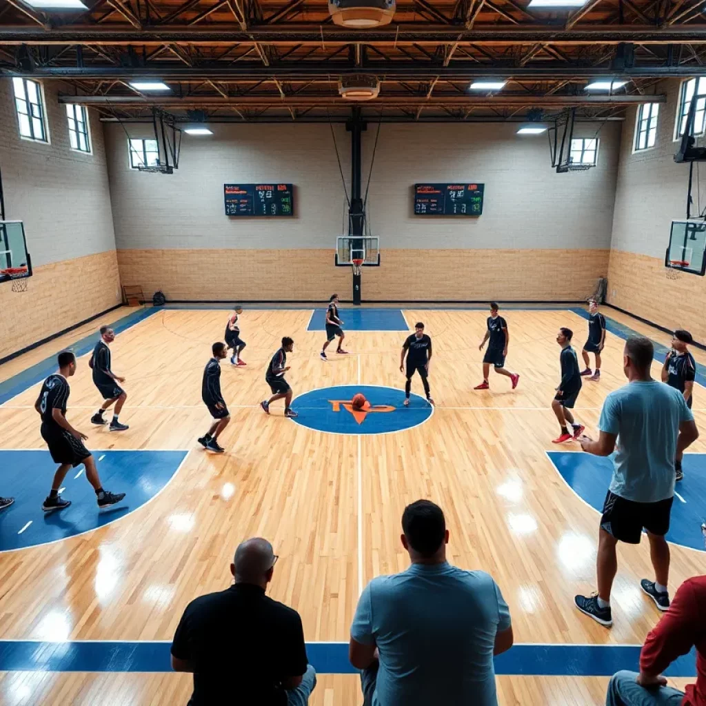 Temple University basketball team practicing on the court