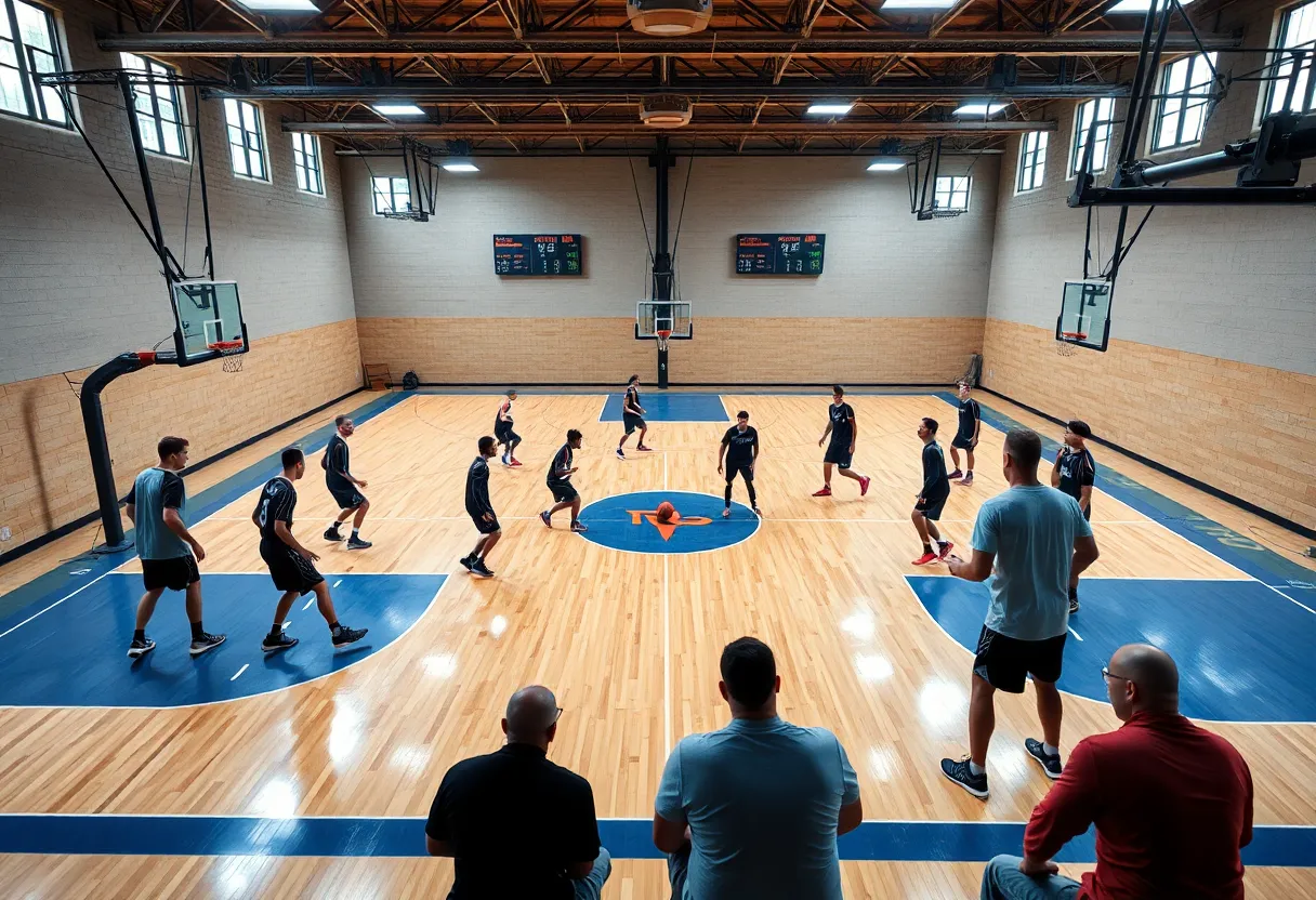 Temple University basketball team practicing on the court