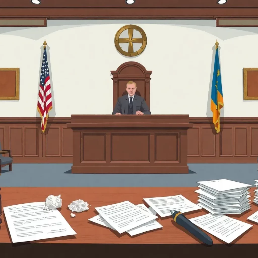 Courtroom scene of a judge presiding over an asbestos case