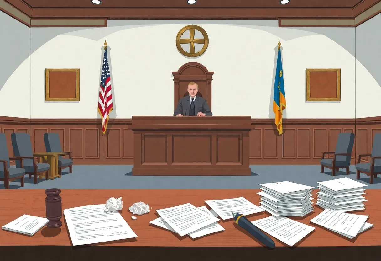 Courtroom scene of a judge presiding over an asbestos case