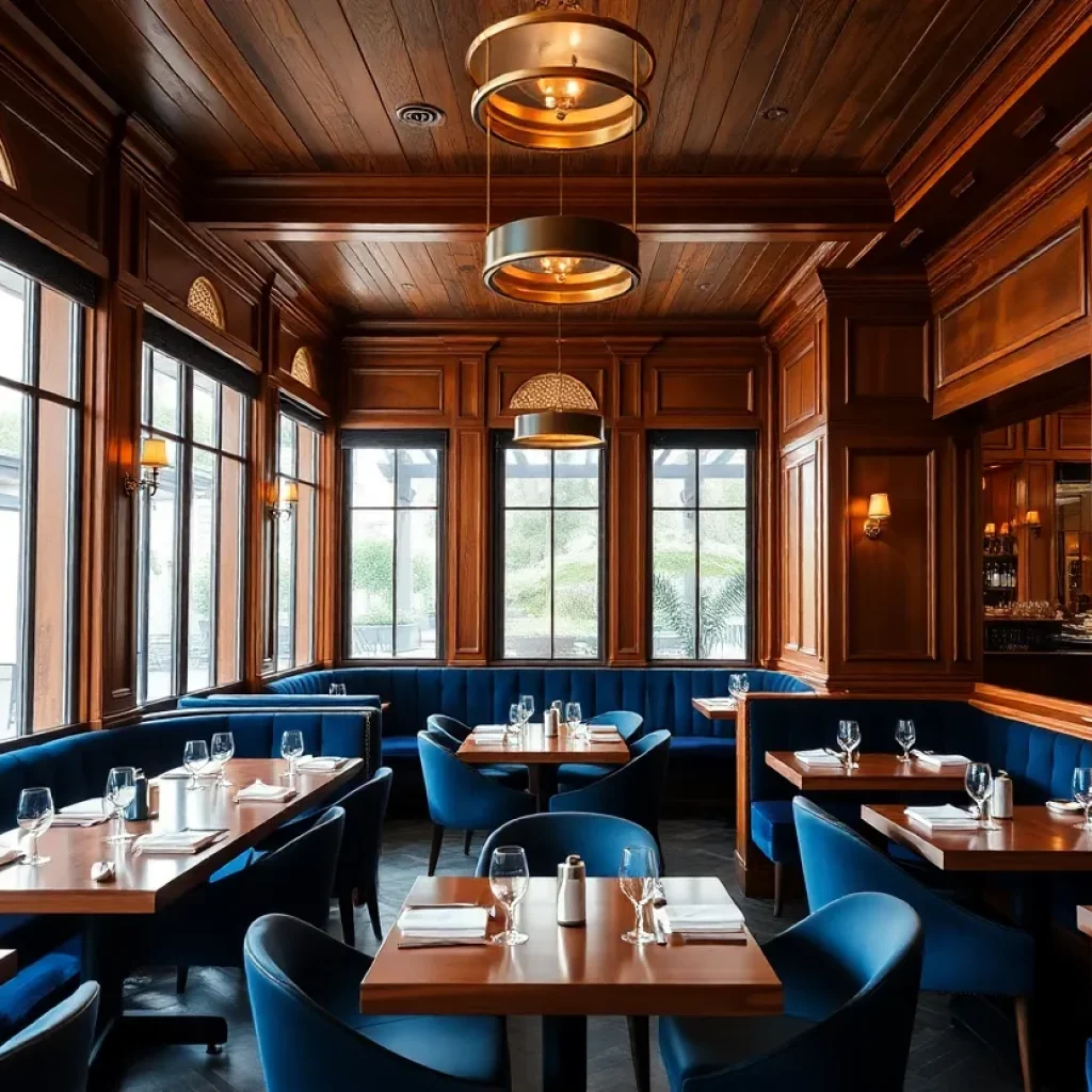 Upscale dining interior of Two Bit Club restaurant in Charleston with plush seating and ample natural light.