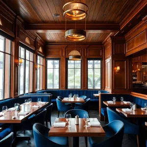 Upscale dining interior of Two Bit Club restaurant in Charleston with plush seating and ample natural light.
