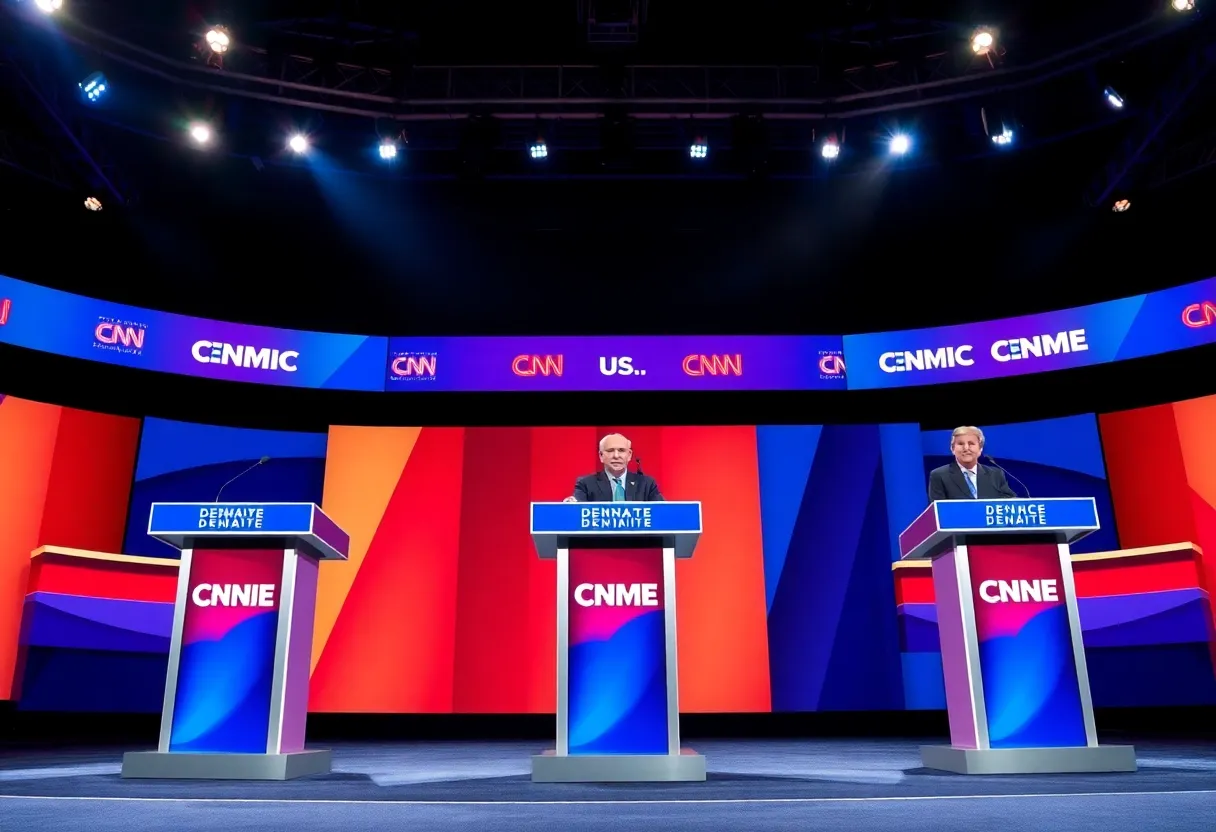 Debate stage with three podiums representing Virginia Attorney General candidates