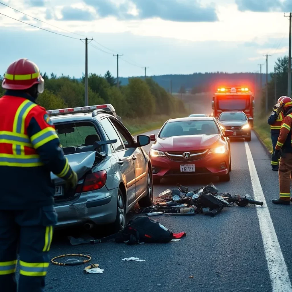 Emergency responders dealing with a car crash on a rural road