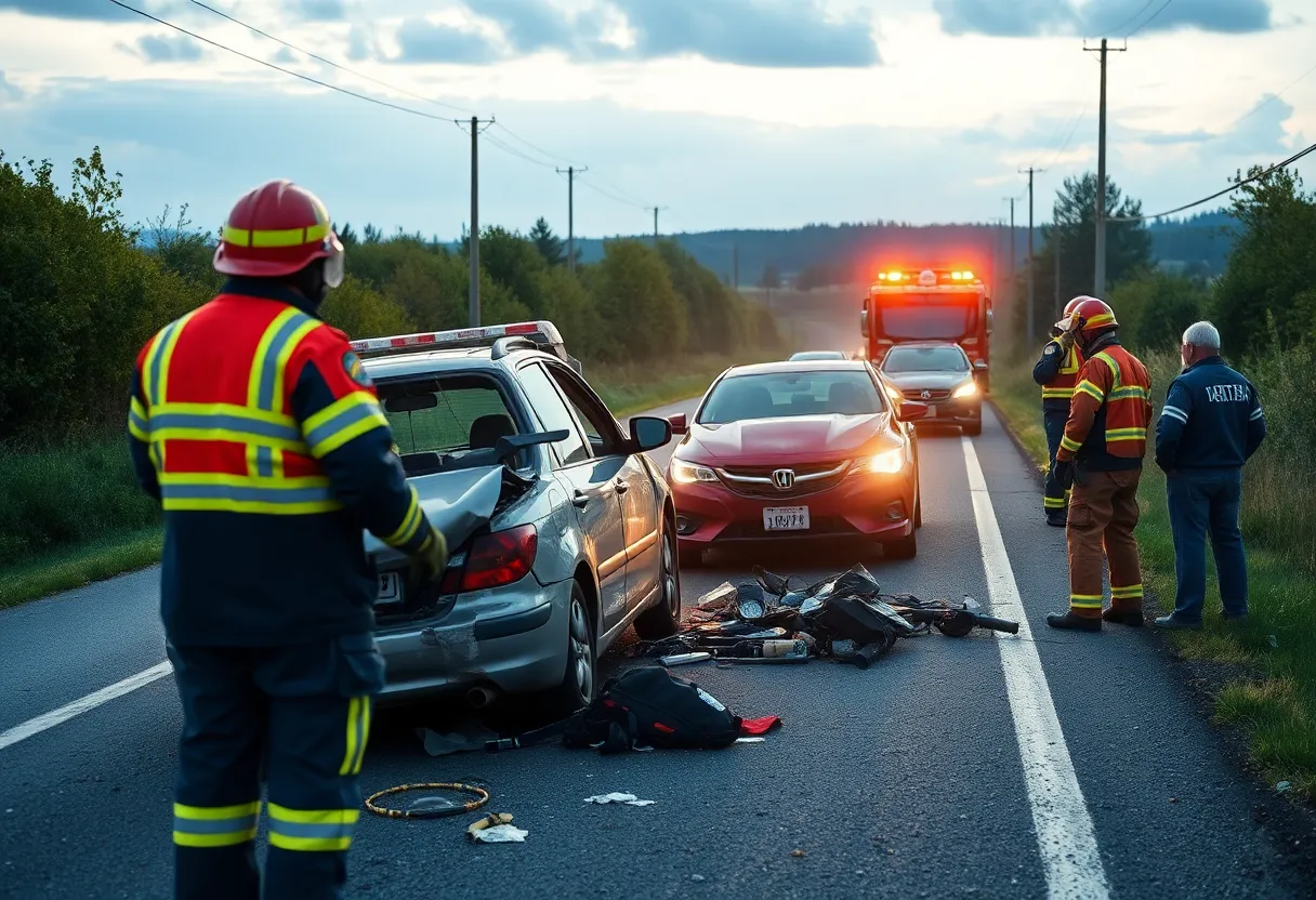 Emergency responders dealing with a car crash on a rural road