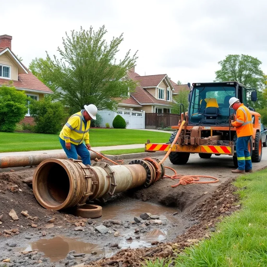Construction crew repairing a broken water main in a residential neighborhood
