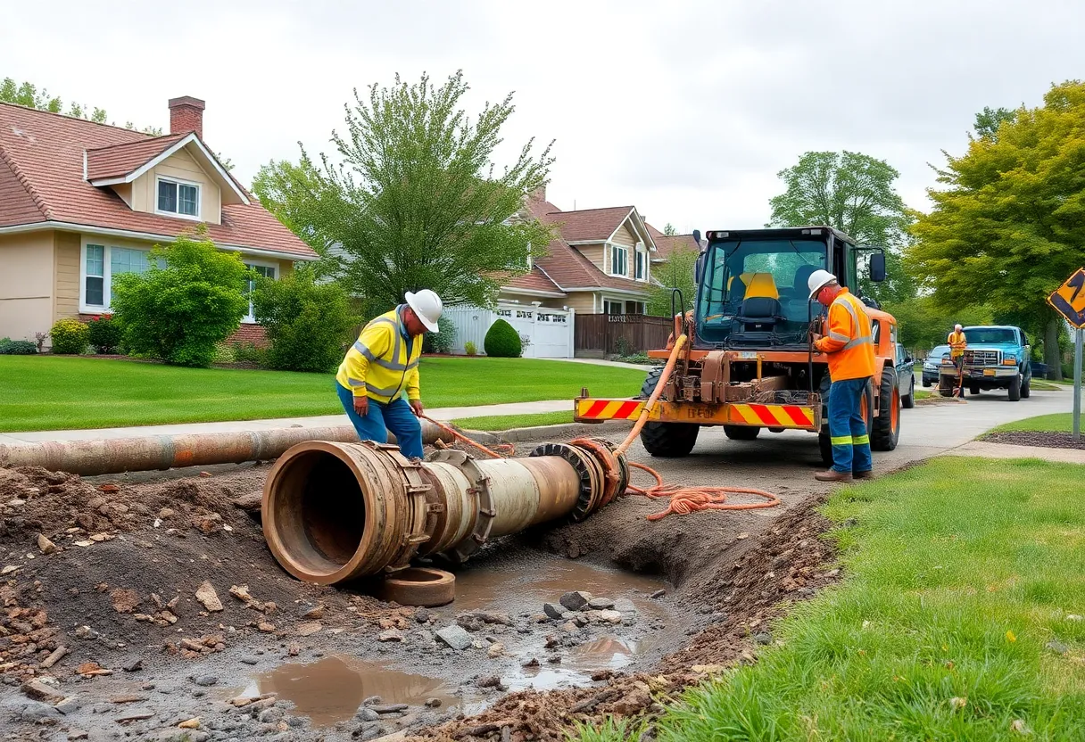 Construction crew repairing a broken water main in a residential neighborhood
