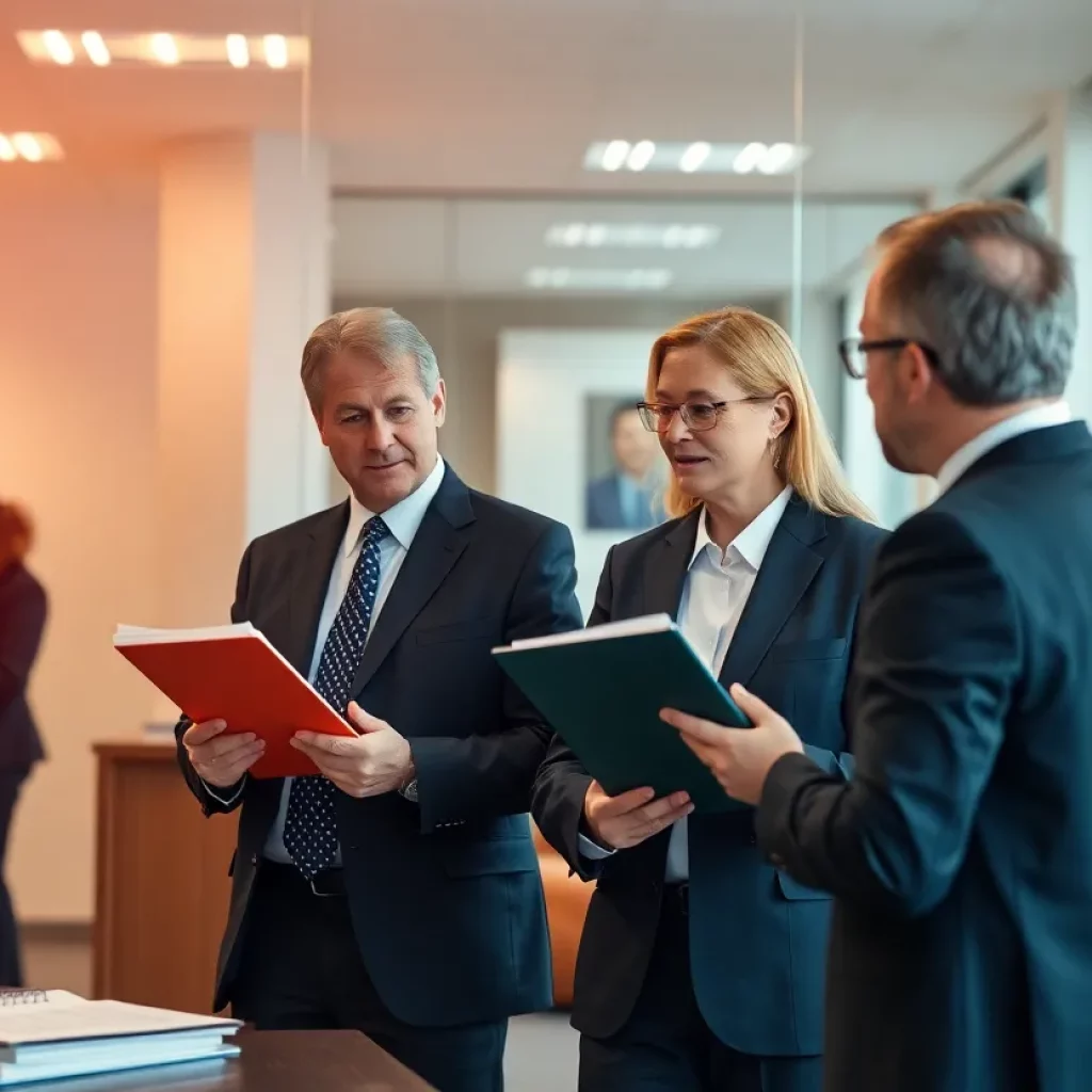 Lawyers consulting with clients in a legal office.