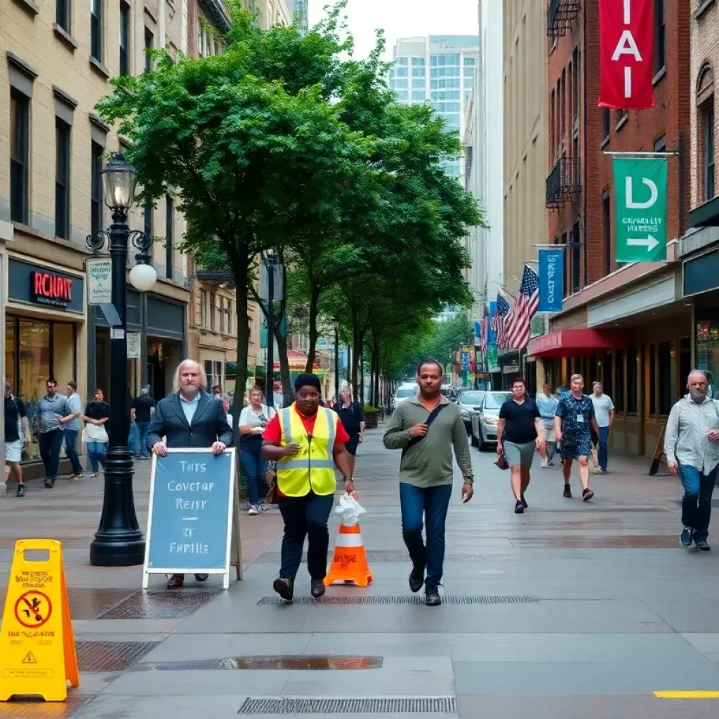 Philadelphia street emphasizing safety concerns amidst a lively urban environment.