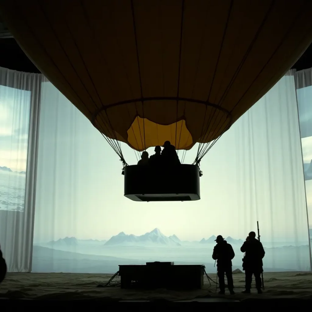 Scene from the play 'White Box' featuring explorers in an Arctic setting