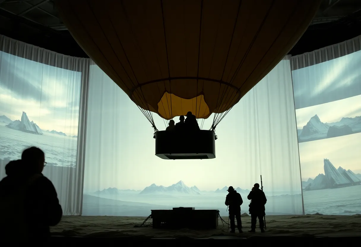 Scene from the play 'White Box' featuring explorers in an Arctic setting