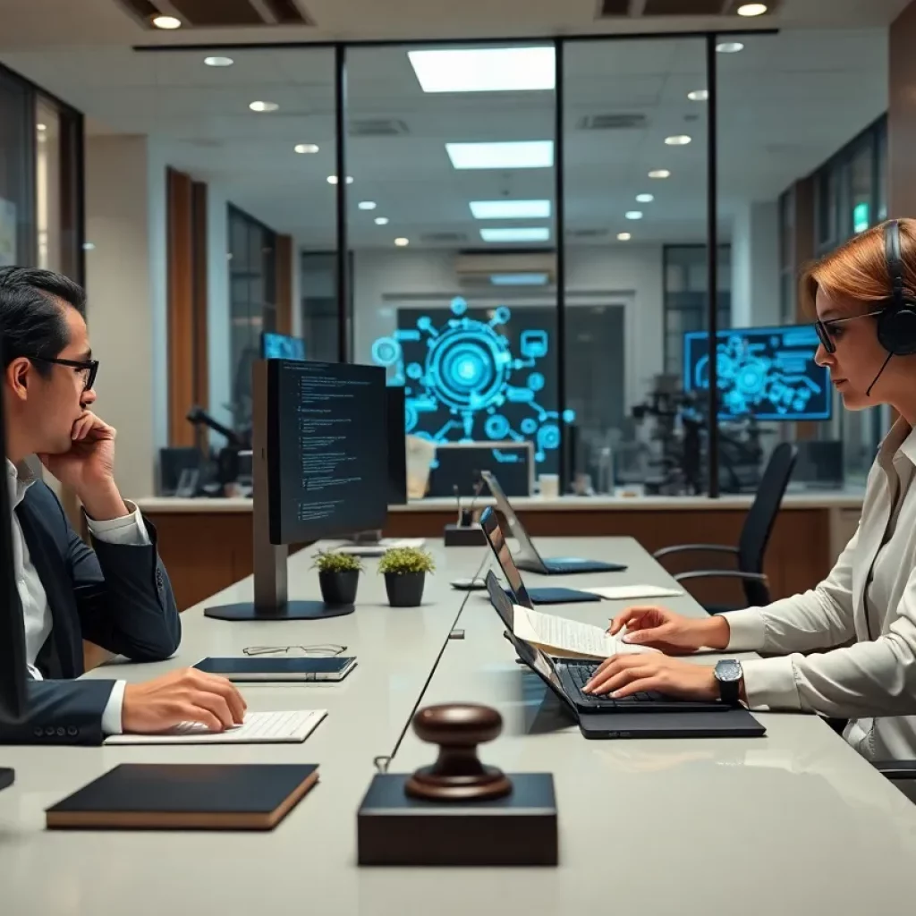 Lawyers utilizing AI technology in a modern legal office