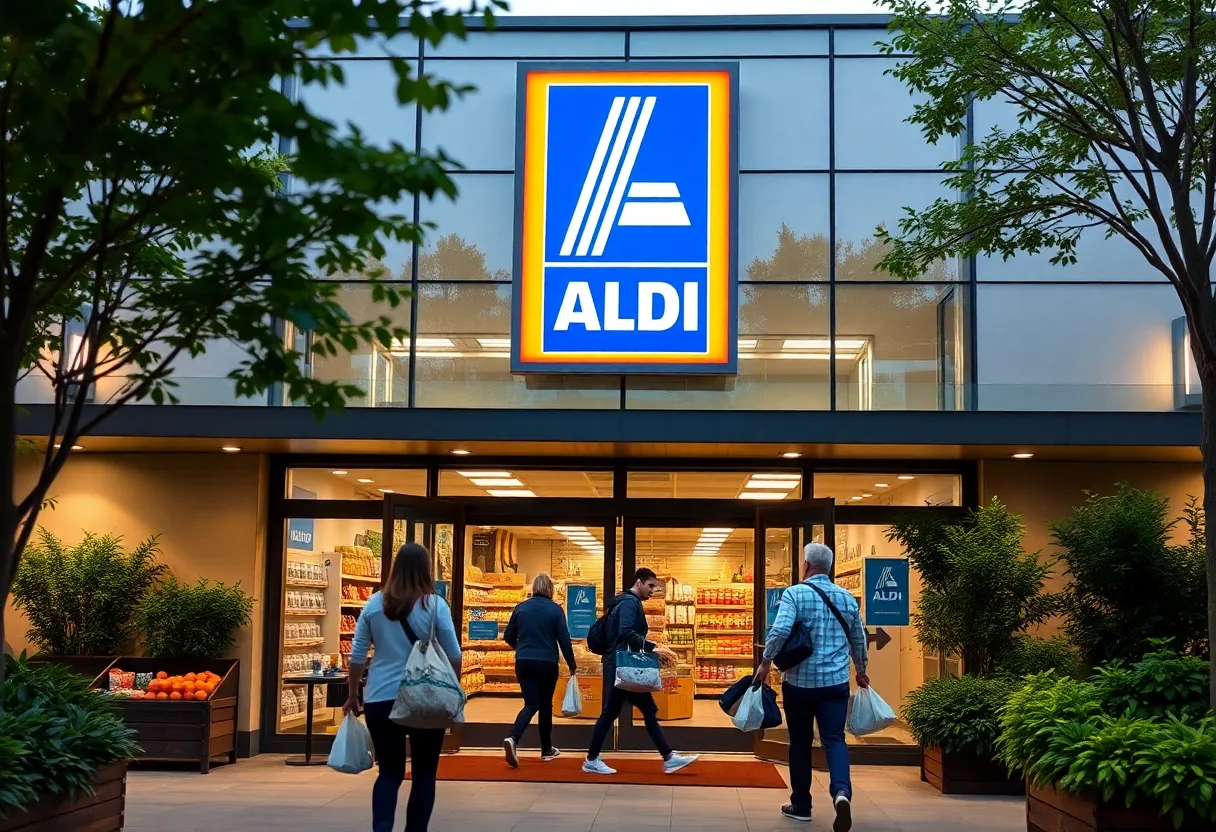 Exterior view of the new Aldi store in Charleston with shoppers