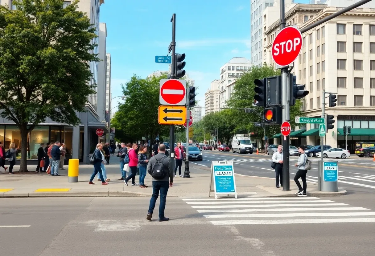 A bustling intersection in Arkansas showcasing community interactions and public safety measures.