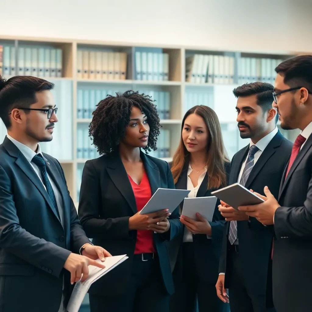 A diverse team of lawyers collaborating in a modern law office.