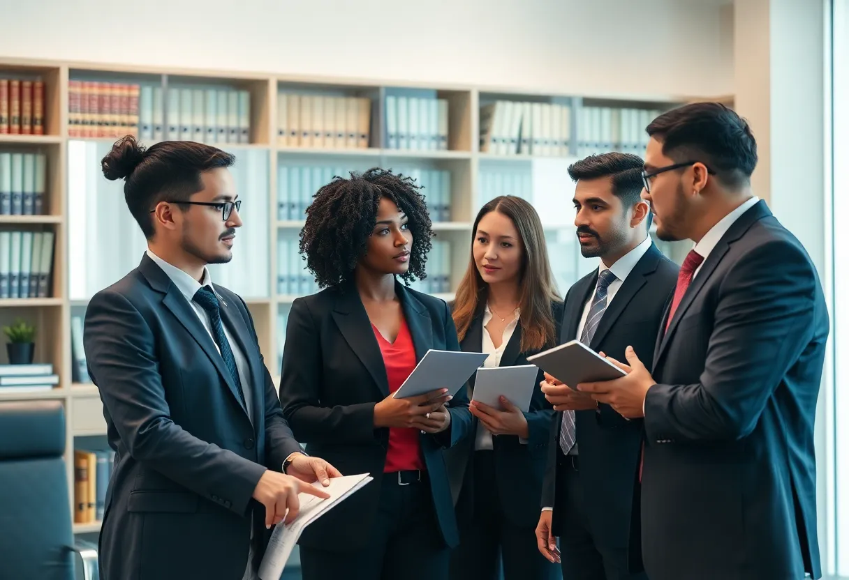 A diverse team of lawyers collaborating in a modern law office.