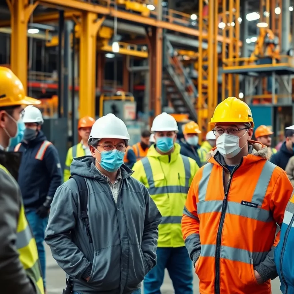 Workers in protective gear at an industrial site addressing asbestos safety regulations.