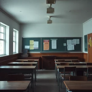 Classroom with notice boards, symbolizing asbestos exposure risks.