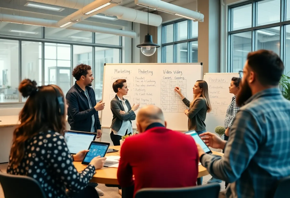 Teams from Buffalo Groupe and Oswego Creative working together in a brainstorming session.