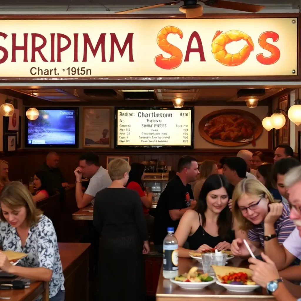 Shrimp dish served at a Charleston restaurant, emphasizing local seafood.