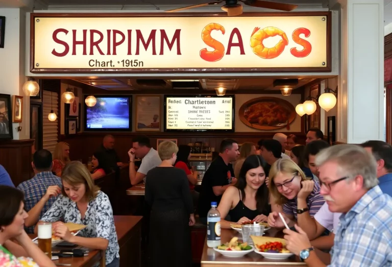 Shrimp dish served at a Charleston restaurant, emphasizing local seafood.
