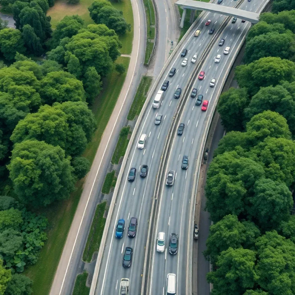 Aerial view of traffic congestion in Charleston area with surrounding green spaces.