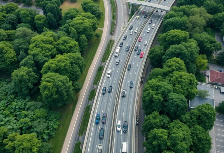 Aerial view of traffic congestion in Charleston area with surrounding green spaces.