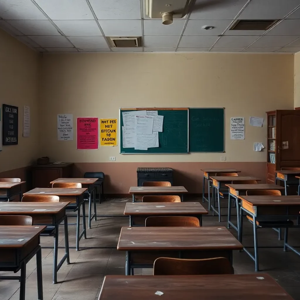 Classroom showing signs of past renovations and age