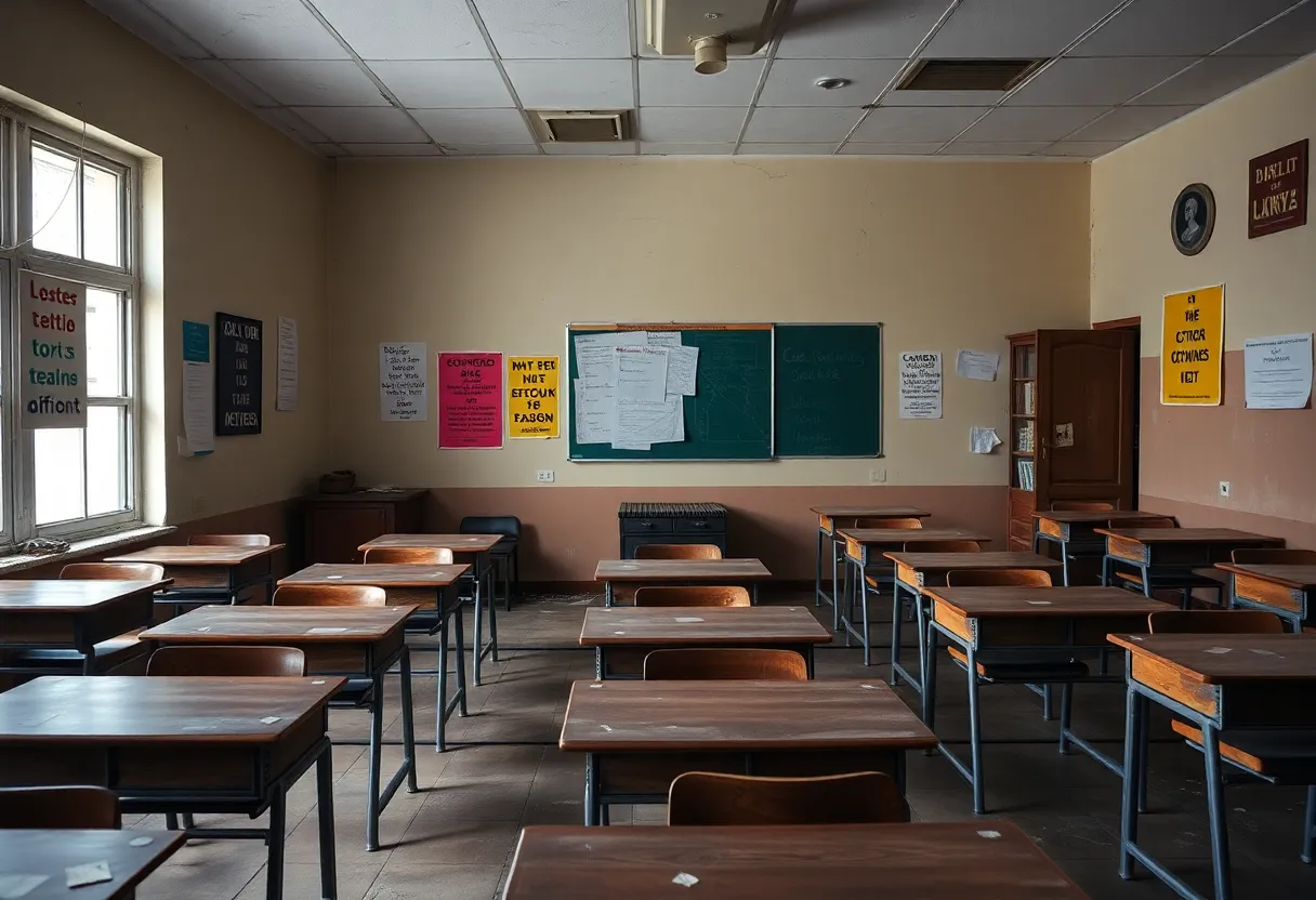 Classroom showing signs of past renovations and age