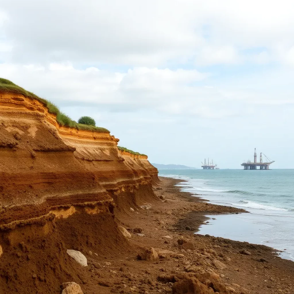 Coastal landscape affected by oil industrial activity